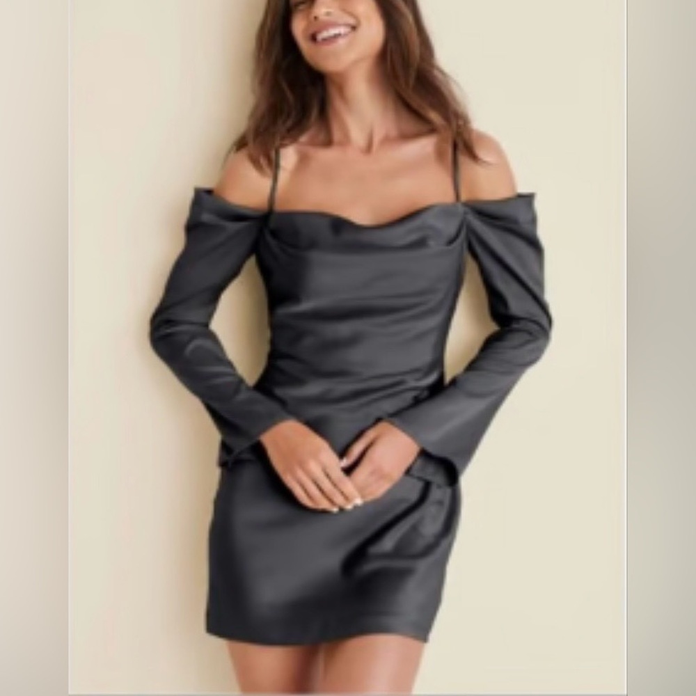 VENUS Black Off-Shoulder Satin Mini Dress Size 14 NWOT
